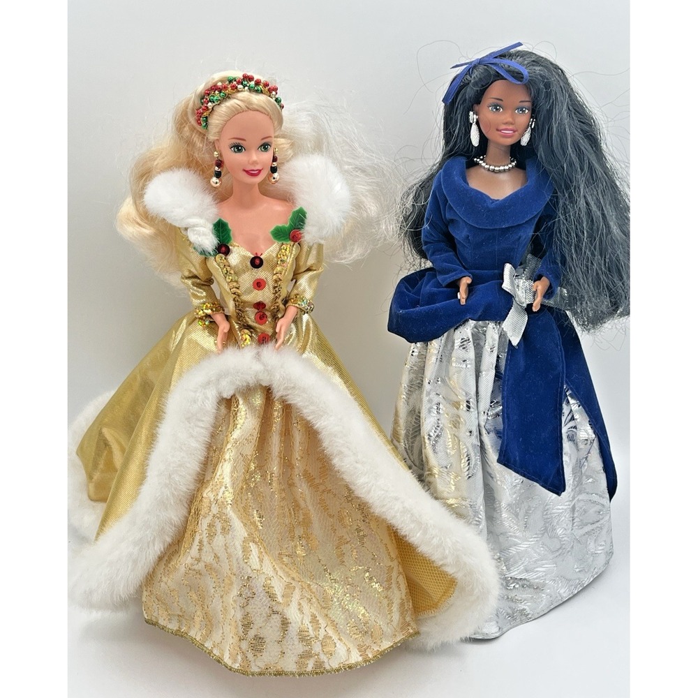 Vintage 1994 Happy Holidays Barbie & 1995 Velvet African American Doll Lot Matte